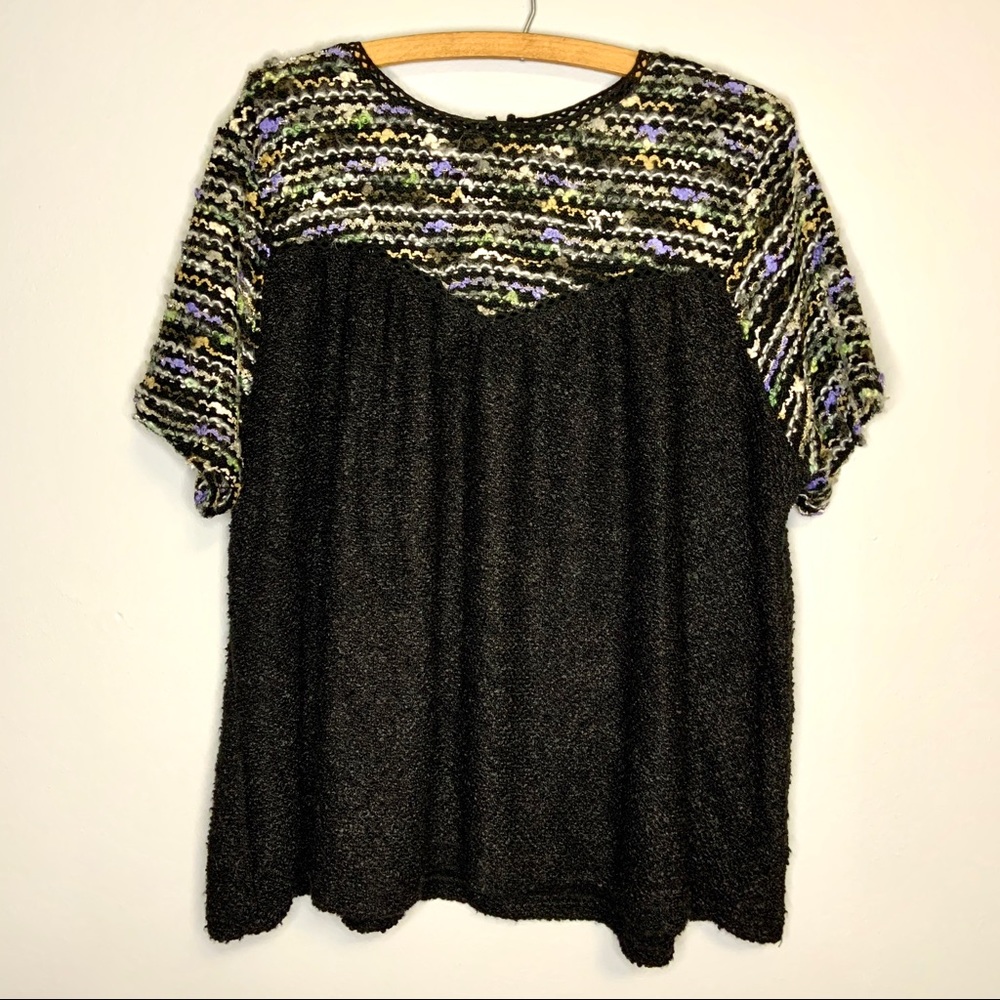 Umgee Black Top with Multicolor Knit Yoke
